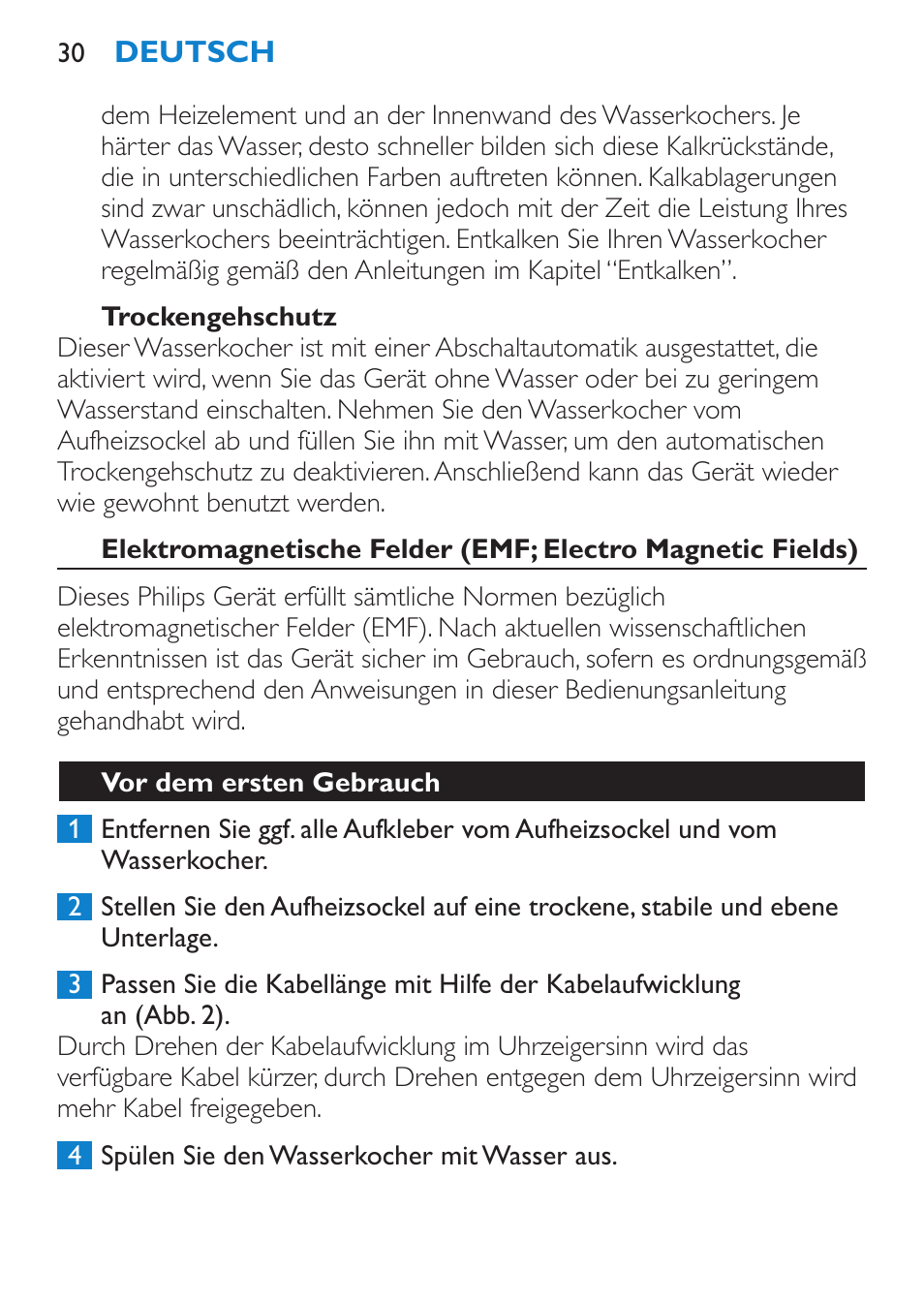 Trockengehschutz, Vor dem ersten gebrauch | Philips Wasserkocher User Manual | Page 30 / 160