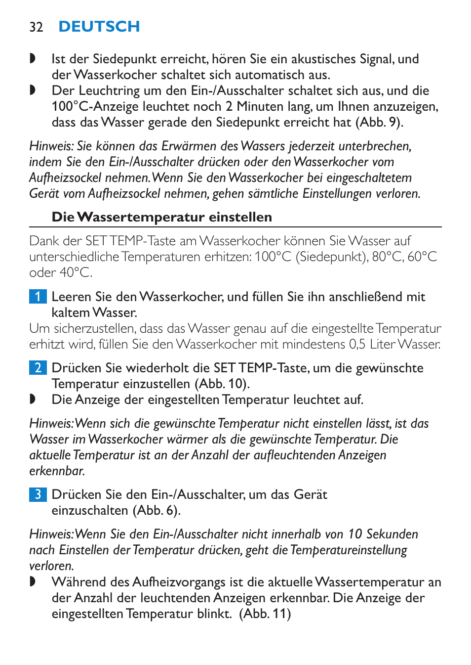 Die wassertemperatur einstellen | Philips Wasserkocher User Manual | Page 32 / 160