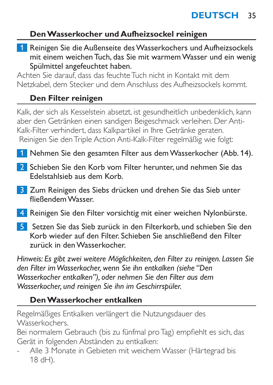 Den wasserkocher und aufheizsockel reinigen, Den filter reinigen, Den wasserkocher entkalken | Philips Wasserkocher User Manual | Page 35 / 160