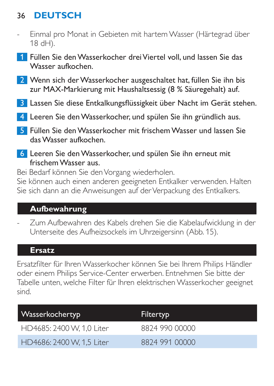 Aufbewahrung, Ersatz | Philips Wasserkocher User Manual | Page 36 / 160