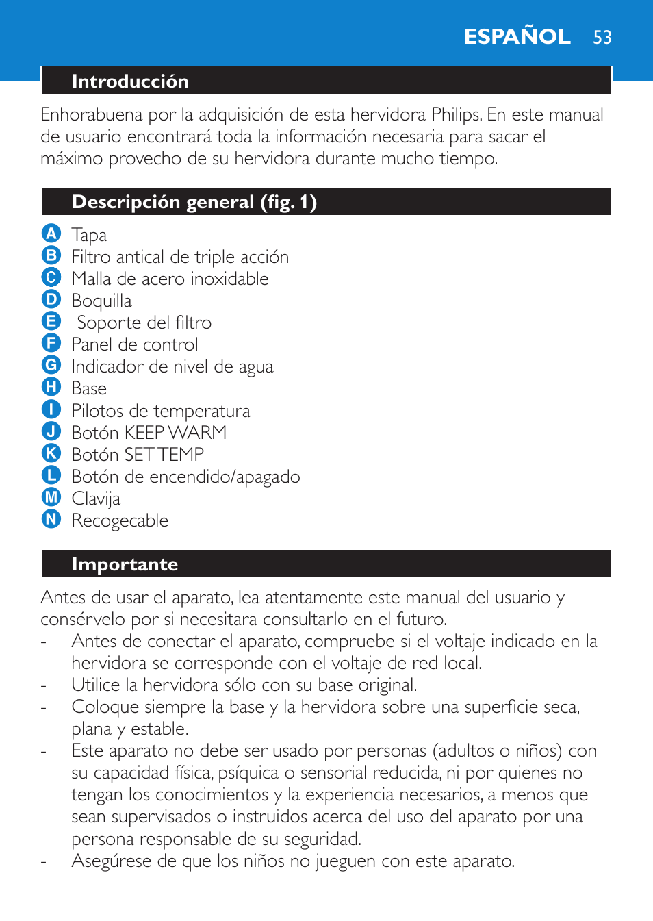 Español, Introducción, Descripción general (fig. 1) | Importante | Philips Wasserkocher User Manual | Page 53 / 160