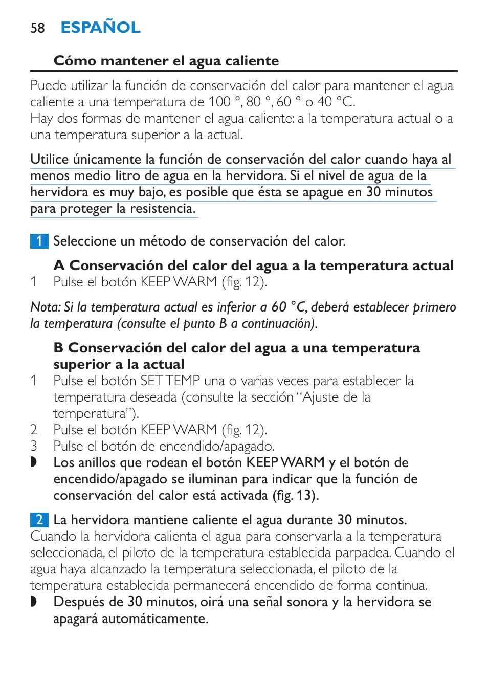 Cómo mantener el agua caliente | Philips Wasserkocher User Manual | Page 58 / 160