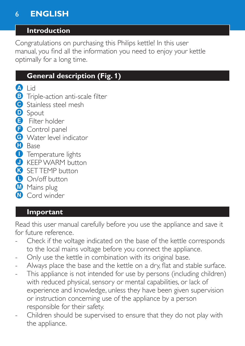 English, Introduction, General description (fig. 1) | Important | Philips Wasserkocher User Manual | Page 6 / 160