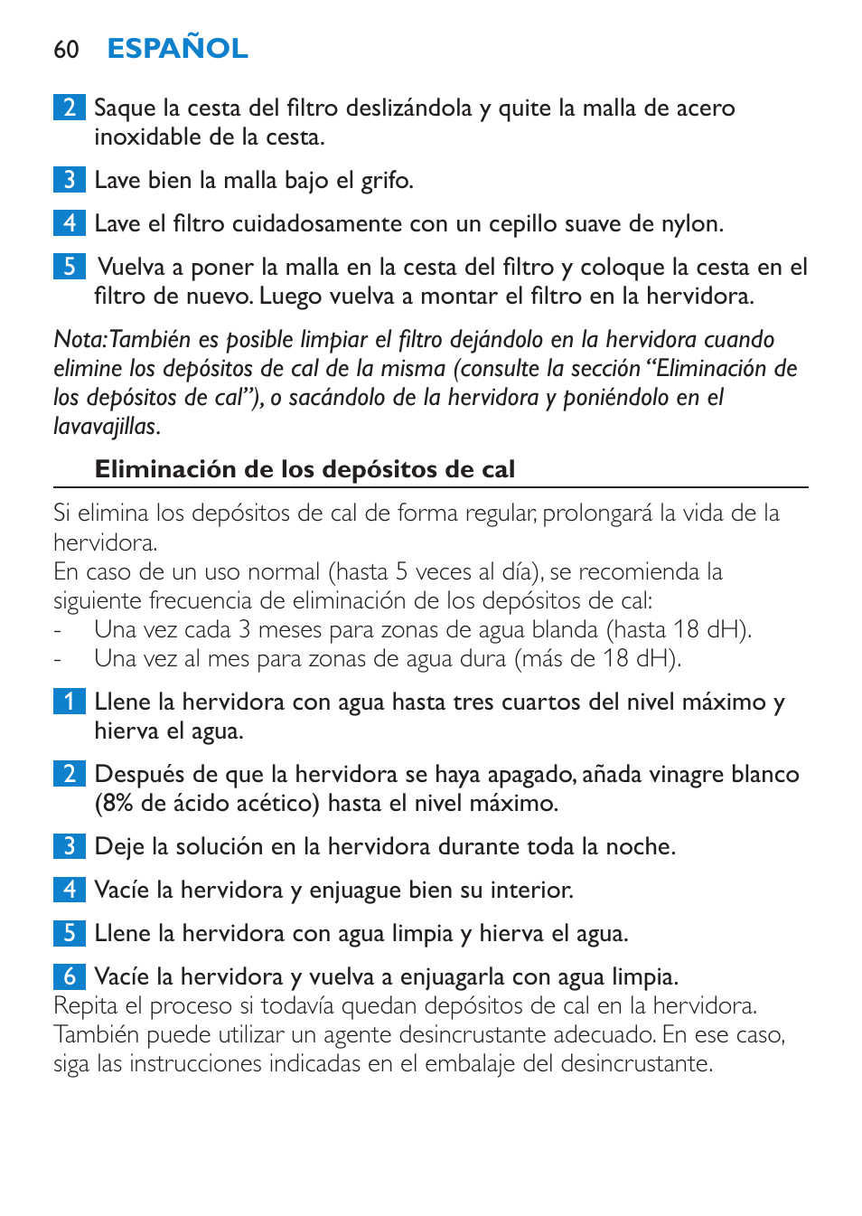 Eliminación de los depósitos de cal | Philips Wasserkocher User Manual | Page 60 / 160