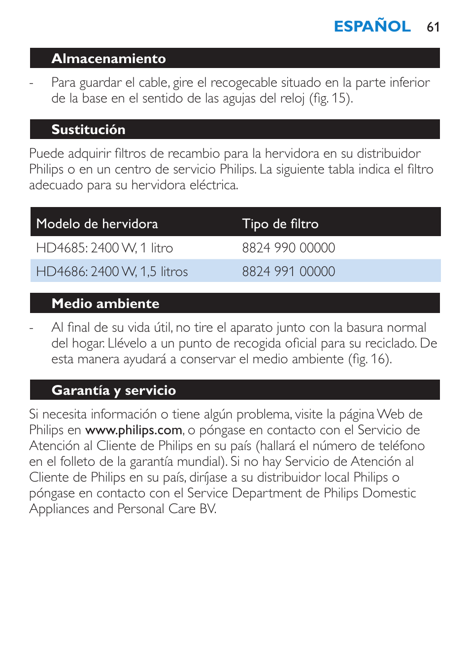 Almacenamiento, Sustitución, Medio ambiente | Garantía y servicio | Philips Wasserkocher User Manual | Page 61 / 160