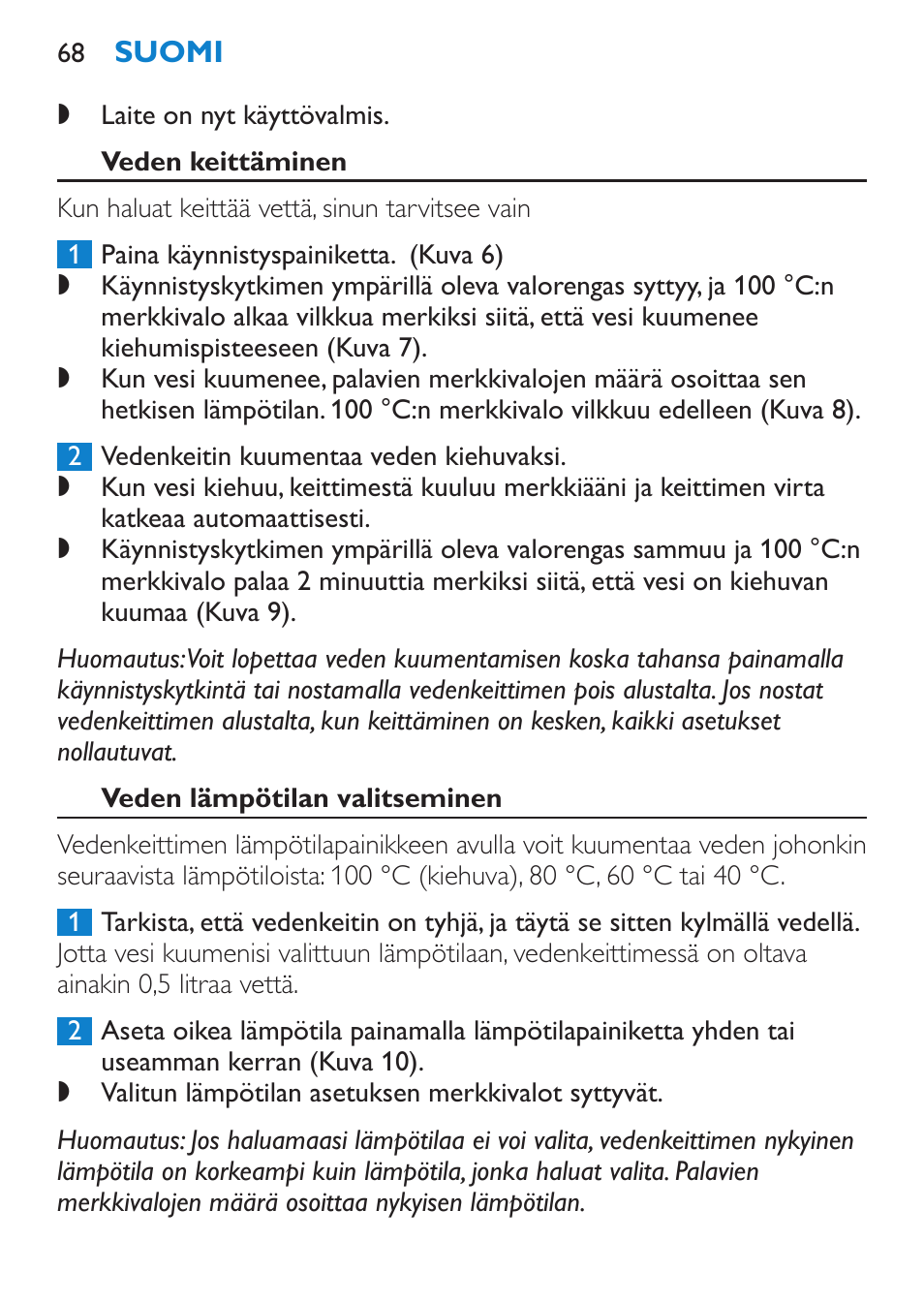 Veden keittäminen, Veden lämpötilan valitseminen | Philips Wasserkocher User Manual | Page 68 / 160