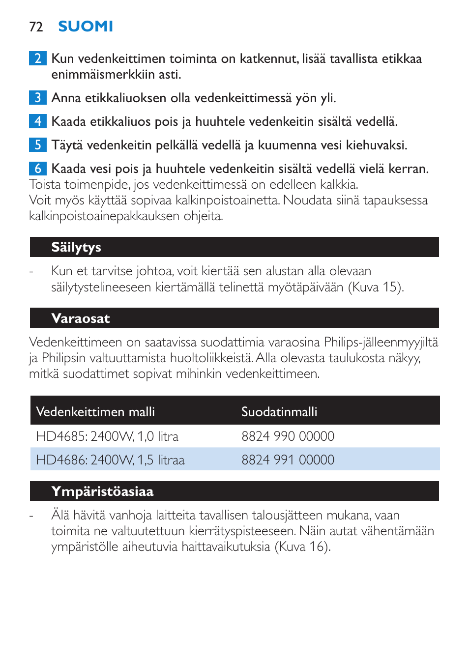 Säilytys, Varaosat, Ympäristöasiaa | Takuu & huolto | Philips Wasserkocher User Manual | Page 72 / 160