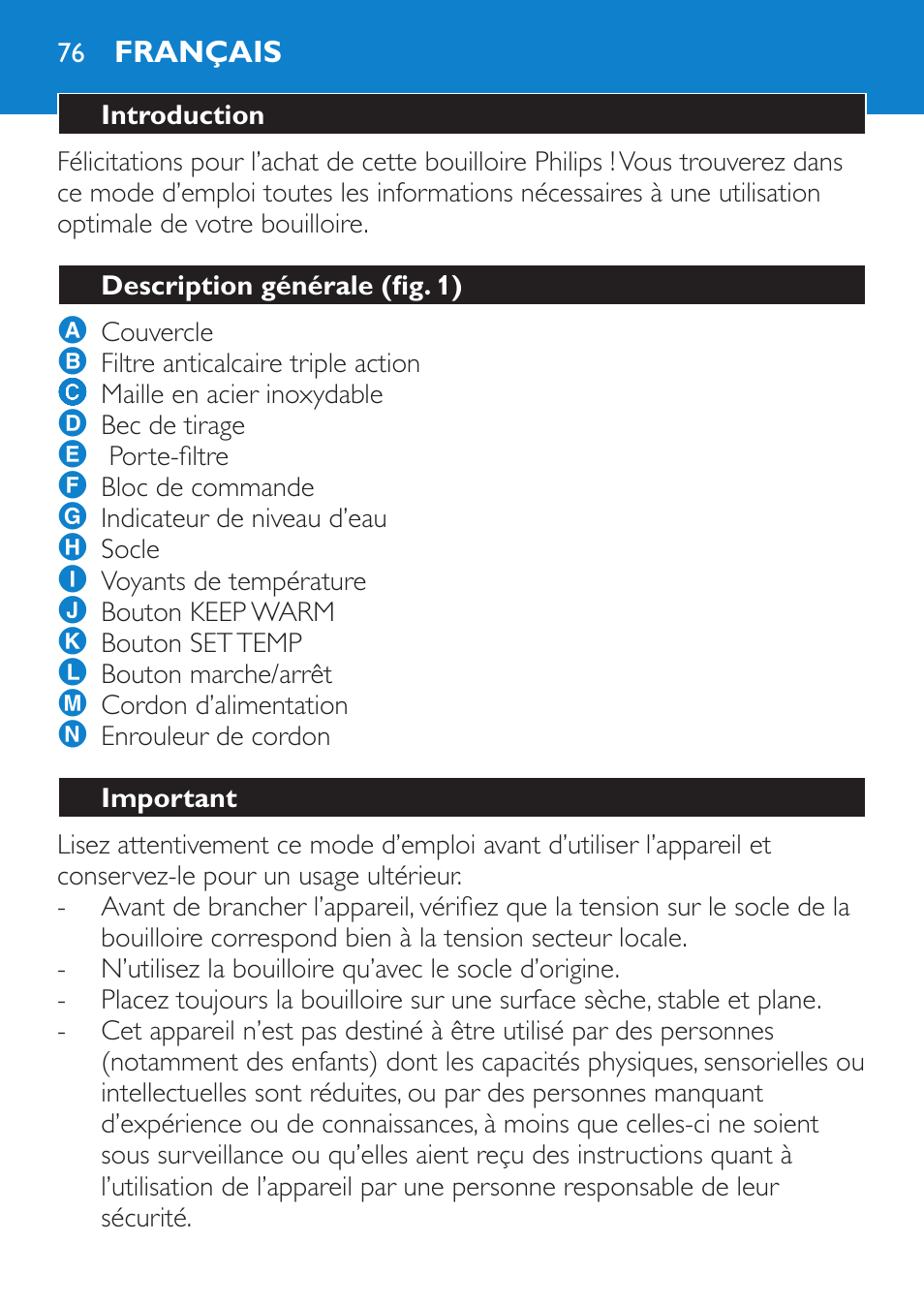 Français, Introduction, Description générale (fig. 1) | Important | Philips Wasserkocher User Manual | Page 76 / 160