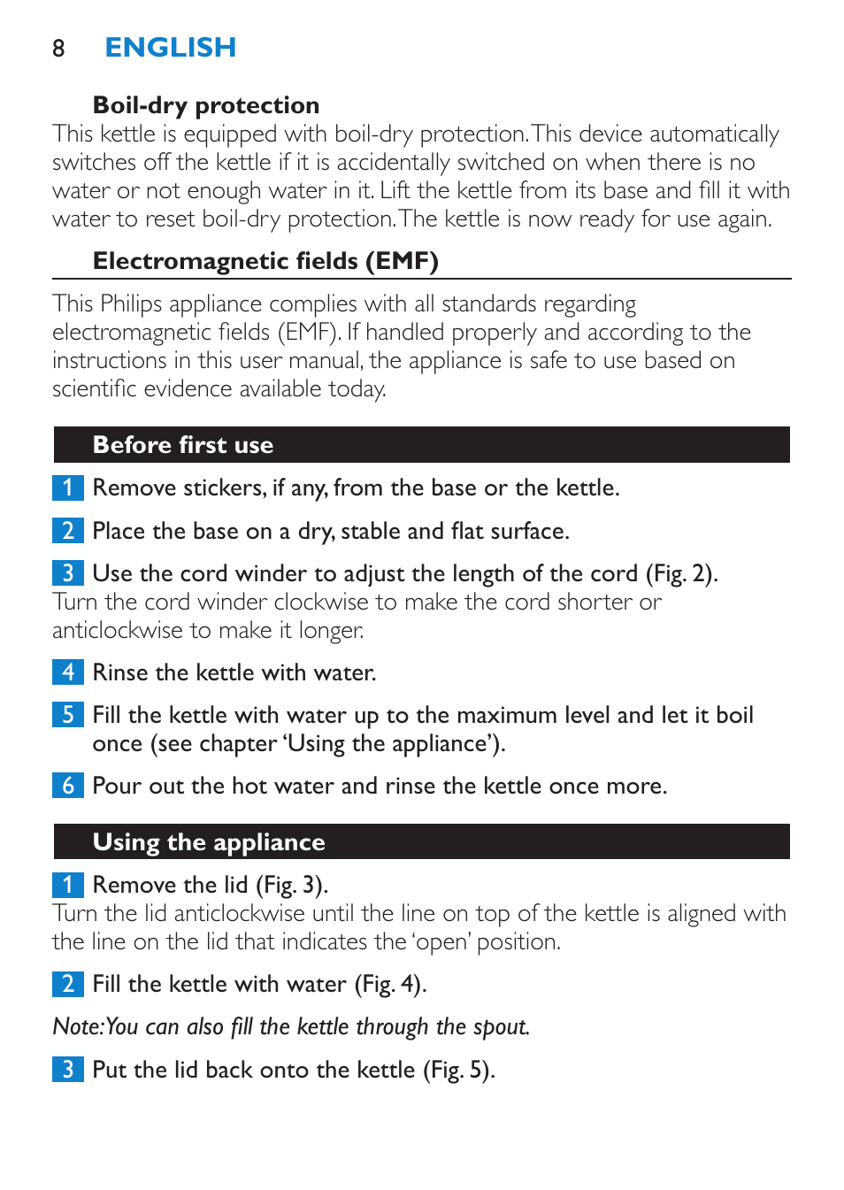 Boil-dry protection, Electromagnetic fields (emf), Before first use | Using the appliance | Philips Wasserkocher User Manual | Page 8 / 160