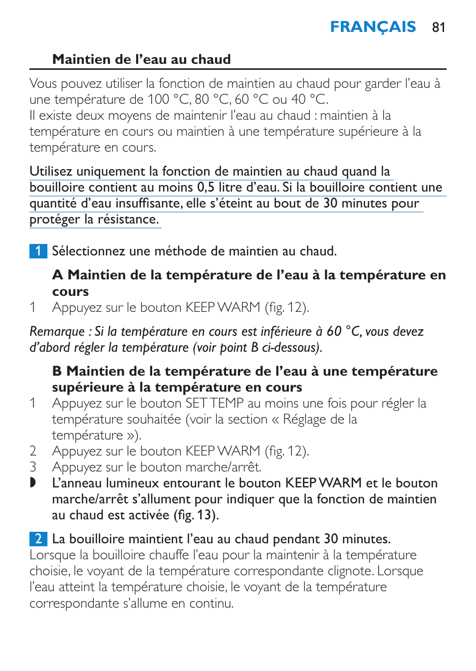 Maintien de l’eau au chaud | Philips Wasserkocher User Manual | Page 81 / 160