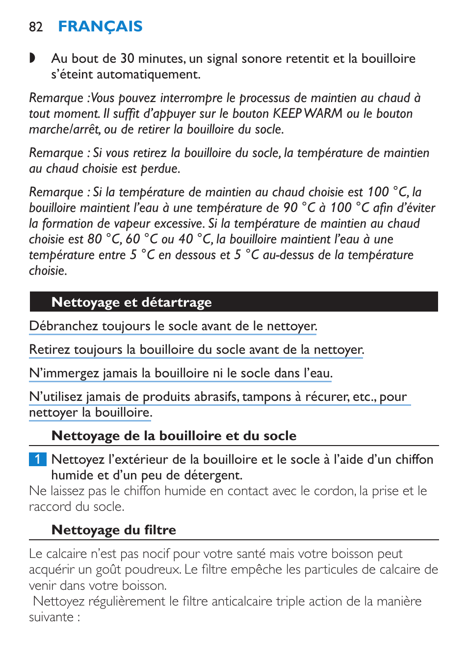 Nettoyage et détartrage, Nettoyage de la bouilloire et du socle, Nettoyage du filtre | Philips Wasserkocher User Manual | Page 82 / 160