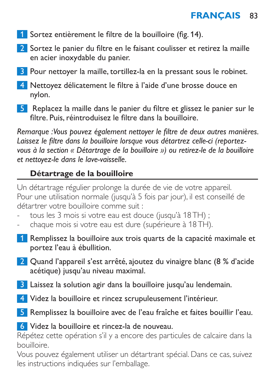 Détartrage de la bouilloire | Philips Wasserkocher User Manual | Page 83 / 160