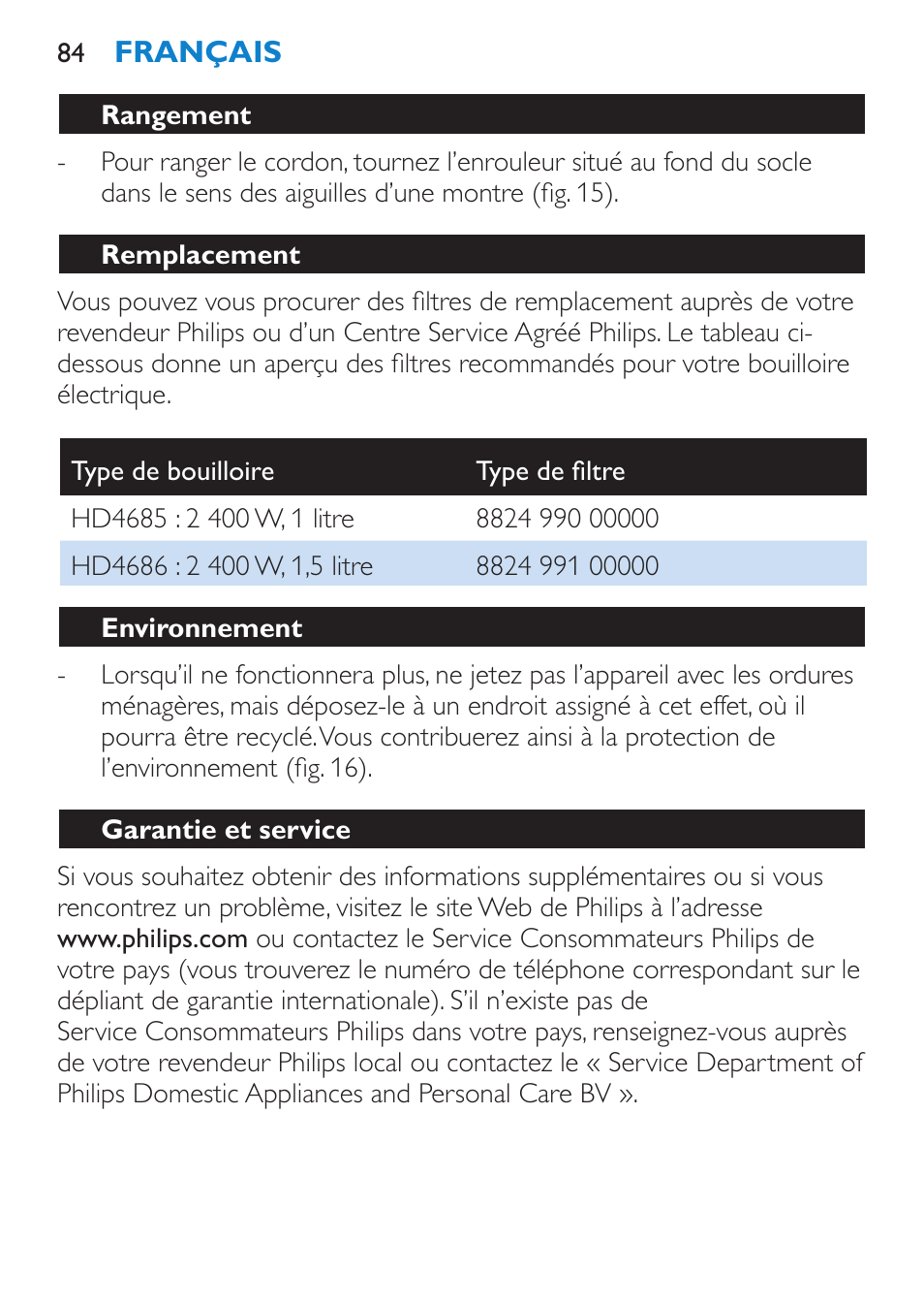 Rangement, Remplacement, Environnement | Garantie et service | Philips Wasserkocher User Manual | Page 84 / 160