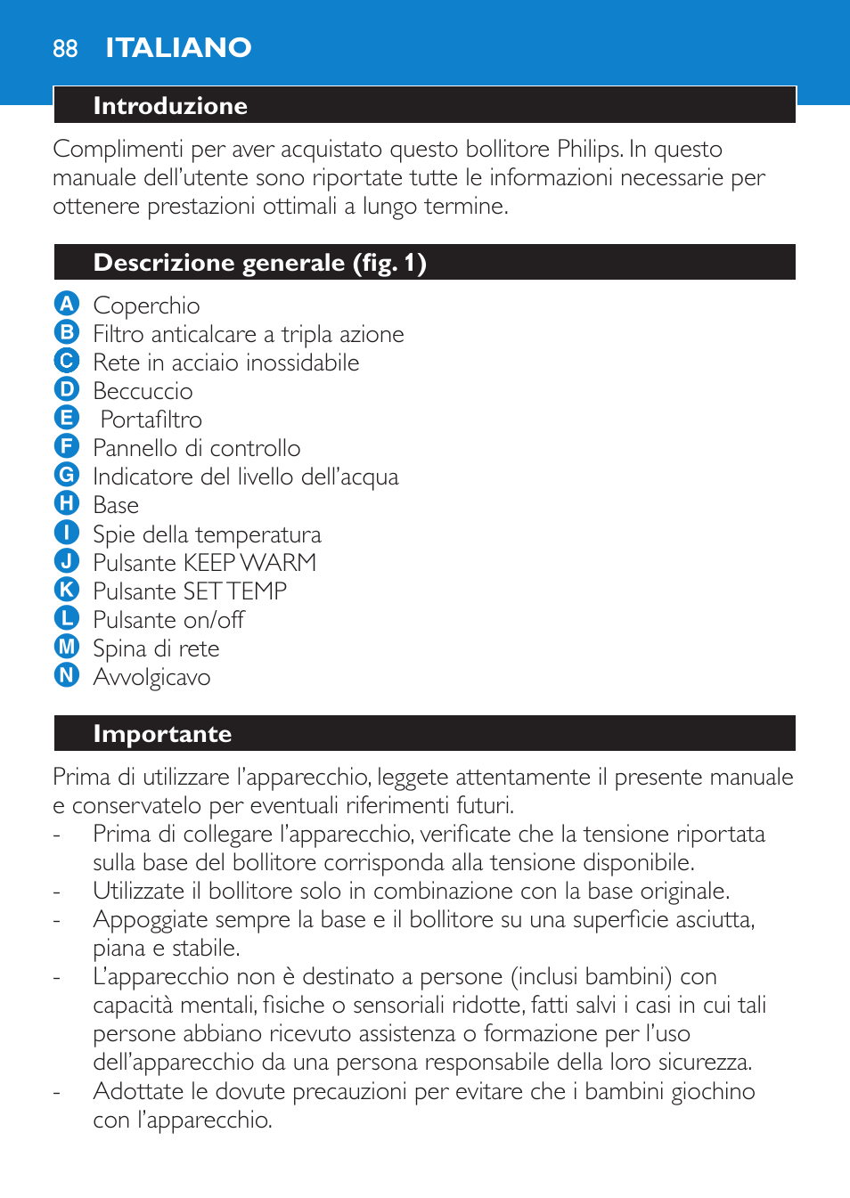 Italiano, Introduzione, Descrizione generale (fig. 1) | Importante | Philips Wasserkocher User Manual | Page 88 / 160