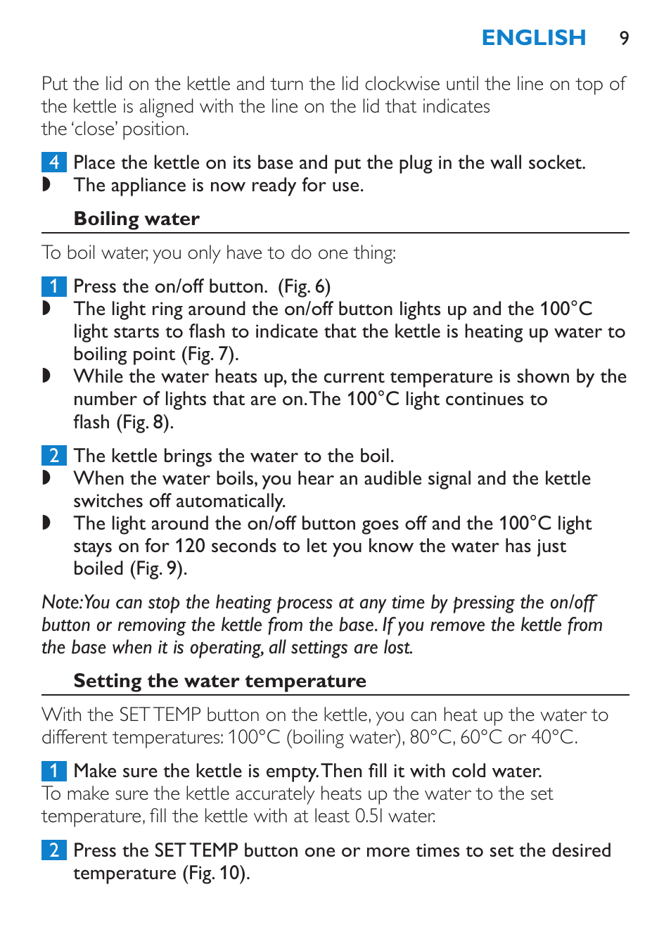 Boiling water, Setting the water temperature | Philips Wasserkocher User Manual | Page 9 / 160