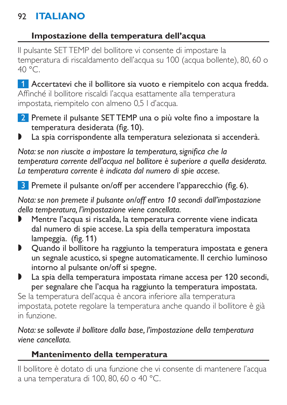 Impostazione della temperatura dell’acqua, Mantenimento della temperatura | Philips Wasserkocher User Manual | Page 92 / 160