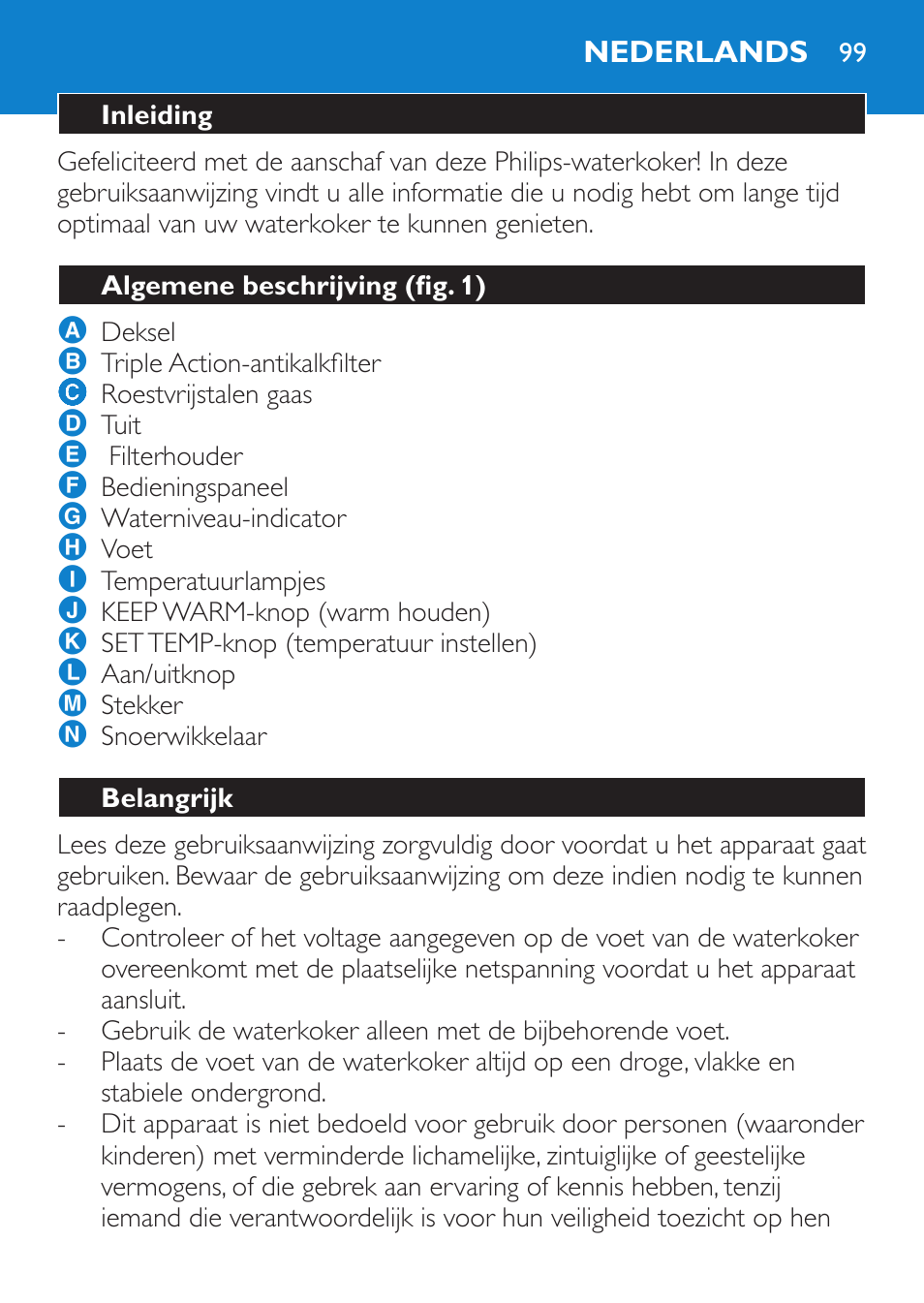 Nederlands, Inleiding, Algemene beschrijving (fig. 1) | Belangrijk | Philips Wasserkocher User Manual | Page 99 / 160