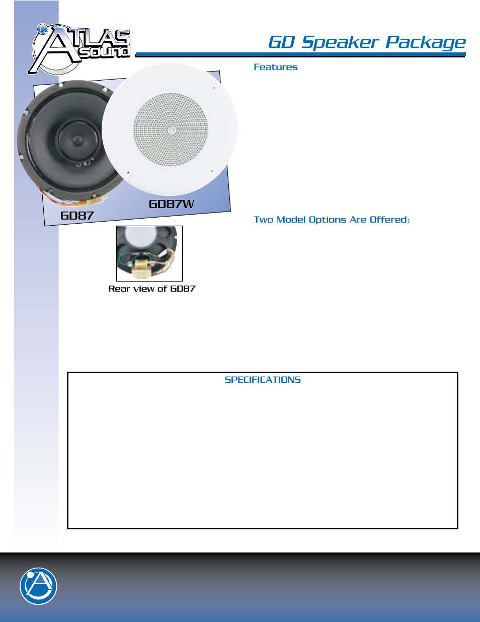 Gd speaker package, Gd87, Gd87w | Five year limited warranty, Specifications, Features, Two model options are offered, Rear view of gd87 | Atlas Sound SD72WV User Manual | Page 2 / 2