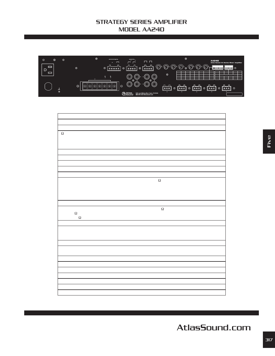 Strategy series amplifier model aa240, Five, Aa240 | Specifications subject to change without notice | Atlas Sound AA240 User Manual | Page 3 / 3