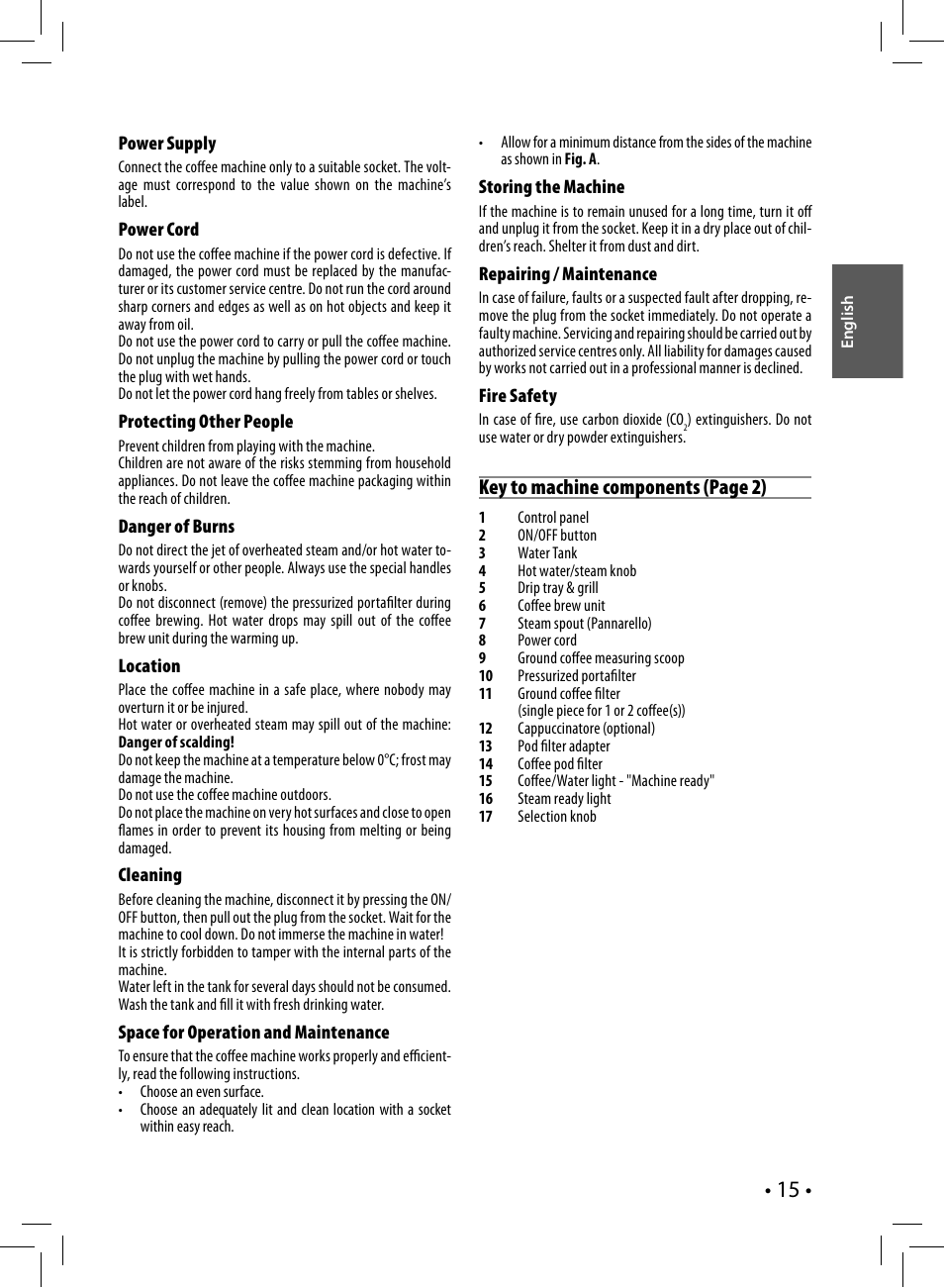 Key to machine components (page 2) | Philips Saeco Nina Siebträger-Espressomaschine User Manual | Page 15 / 76