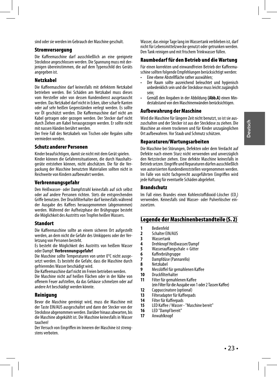 Legende der maschinenbestandteile (s. 2) | Philips Saeco Nina Siebträger-Espressomaschine User Manual | Page 23 / 76