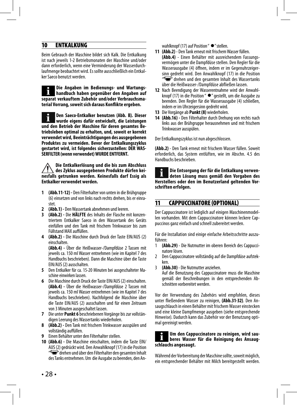 10 entkalkung, 11 cappuccinatore optional | Philips Saeco Nina Siebträger-Espressomaschine User Manual | Page 28 / 76