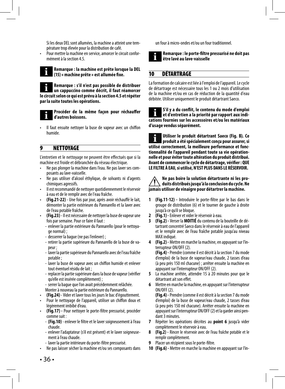 9 nettoyage, 10 détartrage | Philips Saeco Nina Siebträger-Espressomaschine User Manual | Page 36 / 76