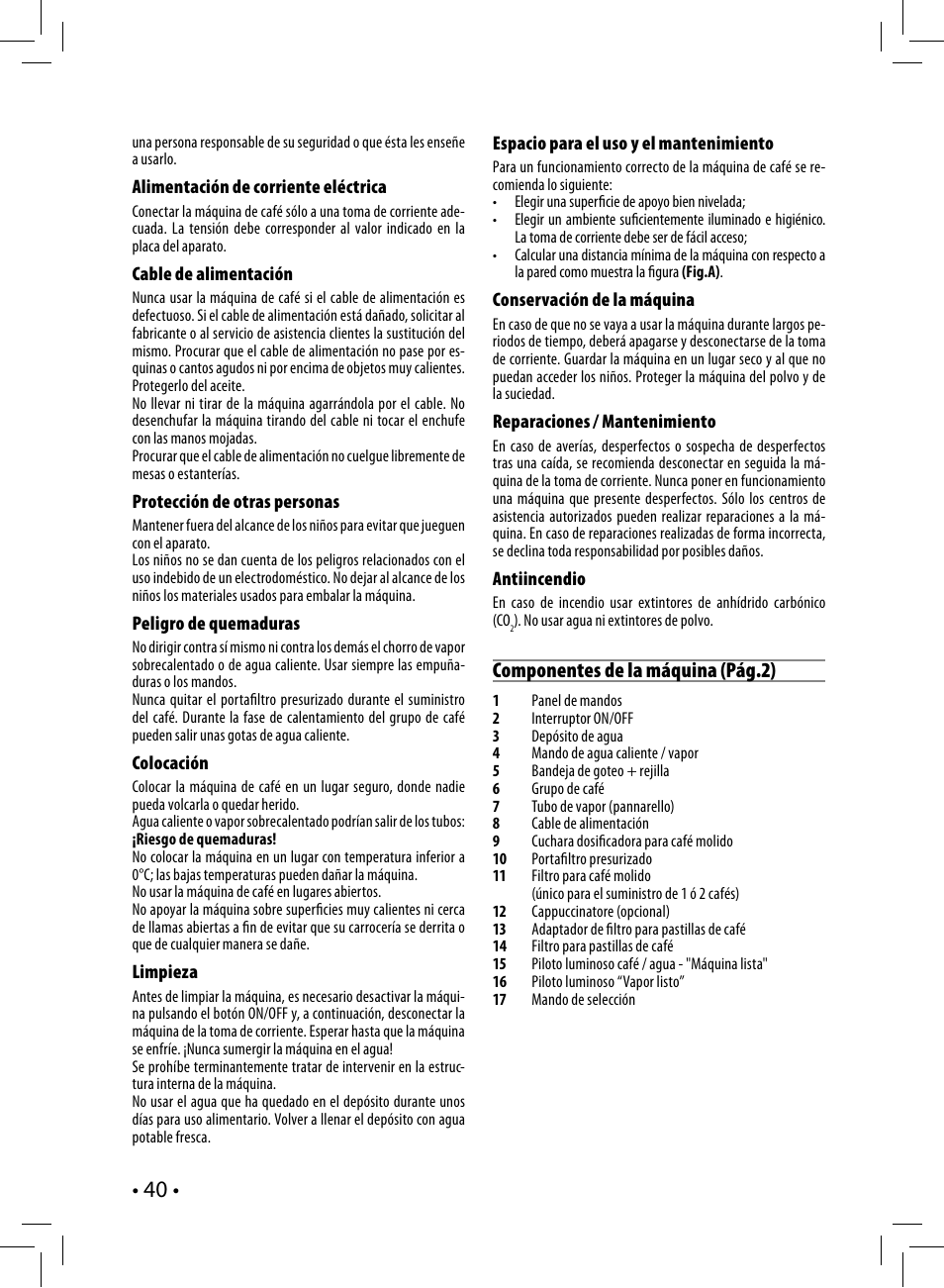 Componentes de la máquina (pág.2) | Philips Saeco Nina Siebträger-Espressomaschine User Manual | Page 40 / 76