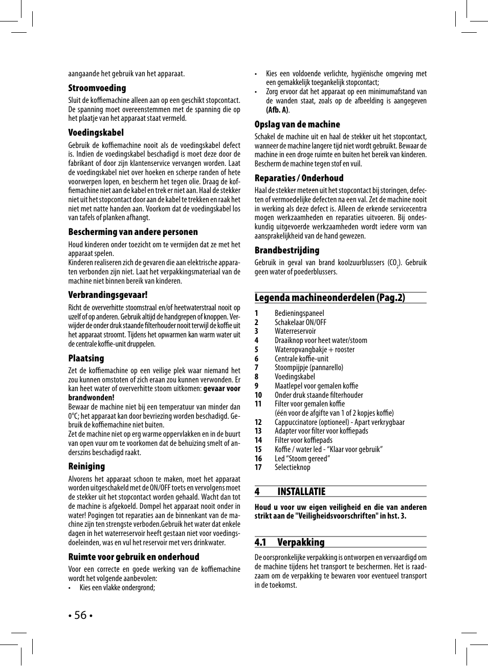 Legenda machineonderdelen (pag.2), 4 installatie, 1 verpakking | Philips Saeco Nina Siebträger-Espressomaschine User Manual | Page 56 / 76