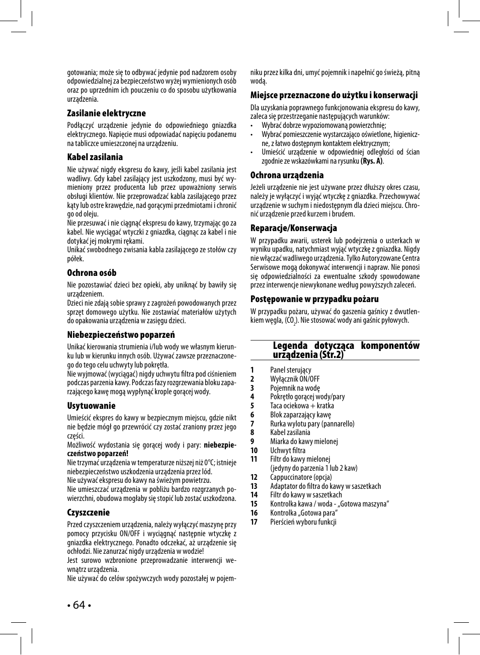 Legenda dotycząca komponentów urządzenia (str.2) | Philips Saeco Nina Siebträger-Espressomaschine User Manual | Page 64 / 76