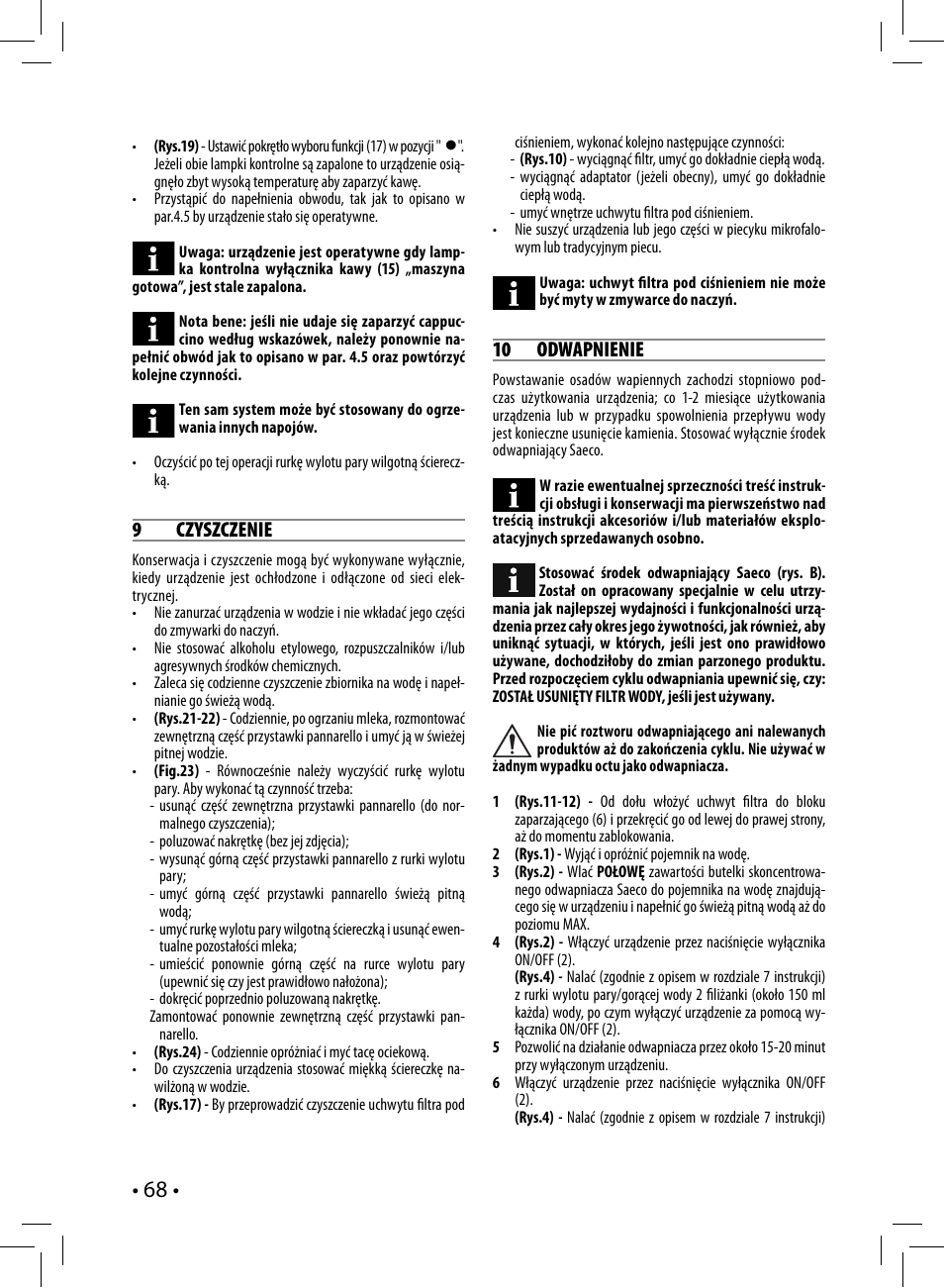 9 czyszczenie, 10 odwapnienie | Philips Saeco Nina Siebträger-Espressomaschine User Manual | Page 68 / 76