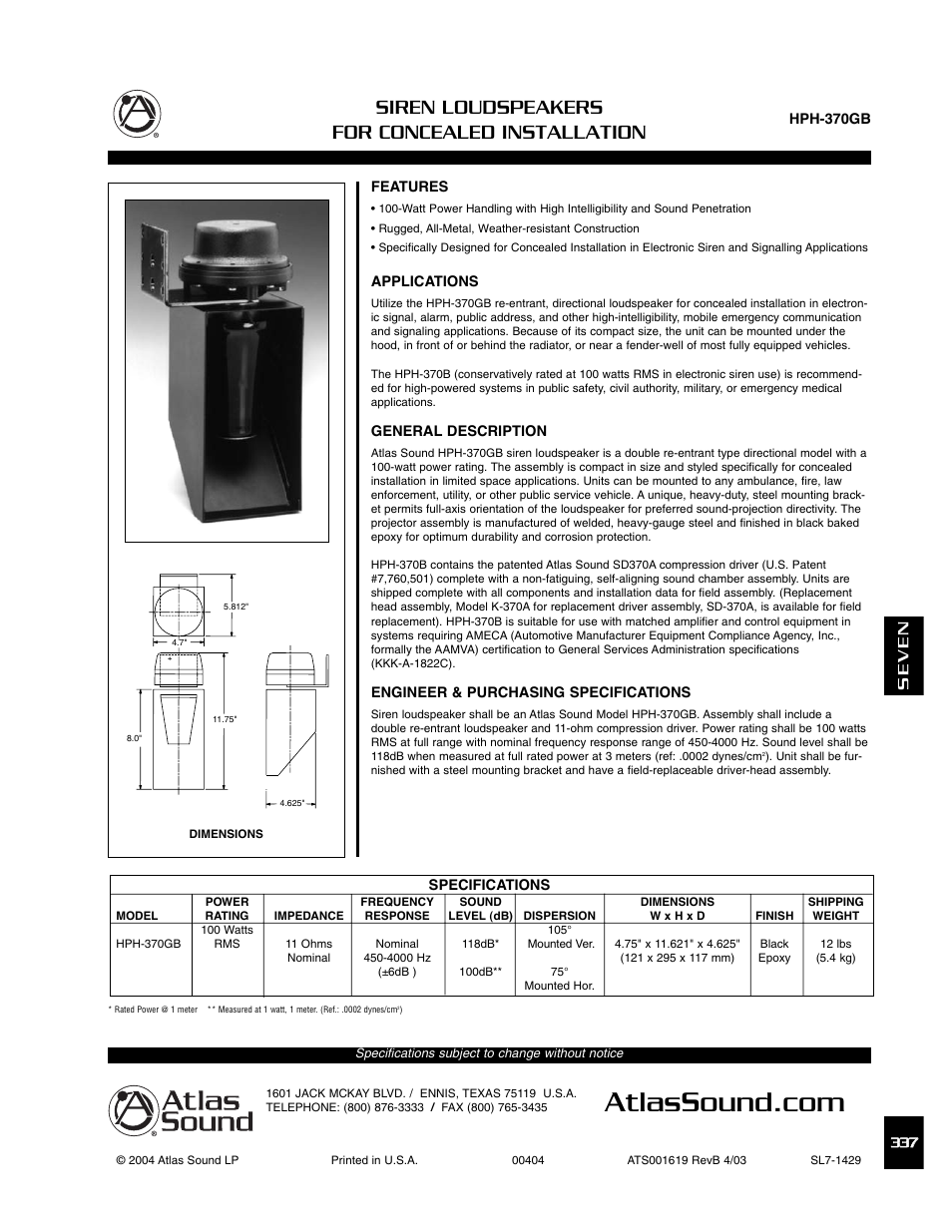 Atlas Sound HPH-370GB User Manual | 2 pages