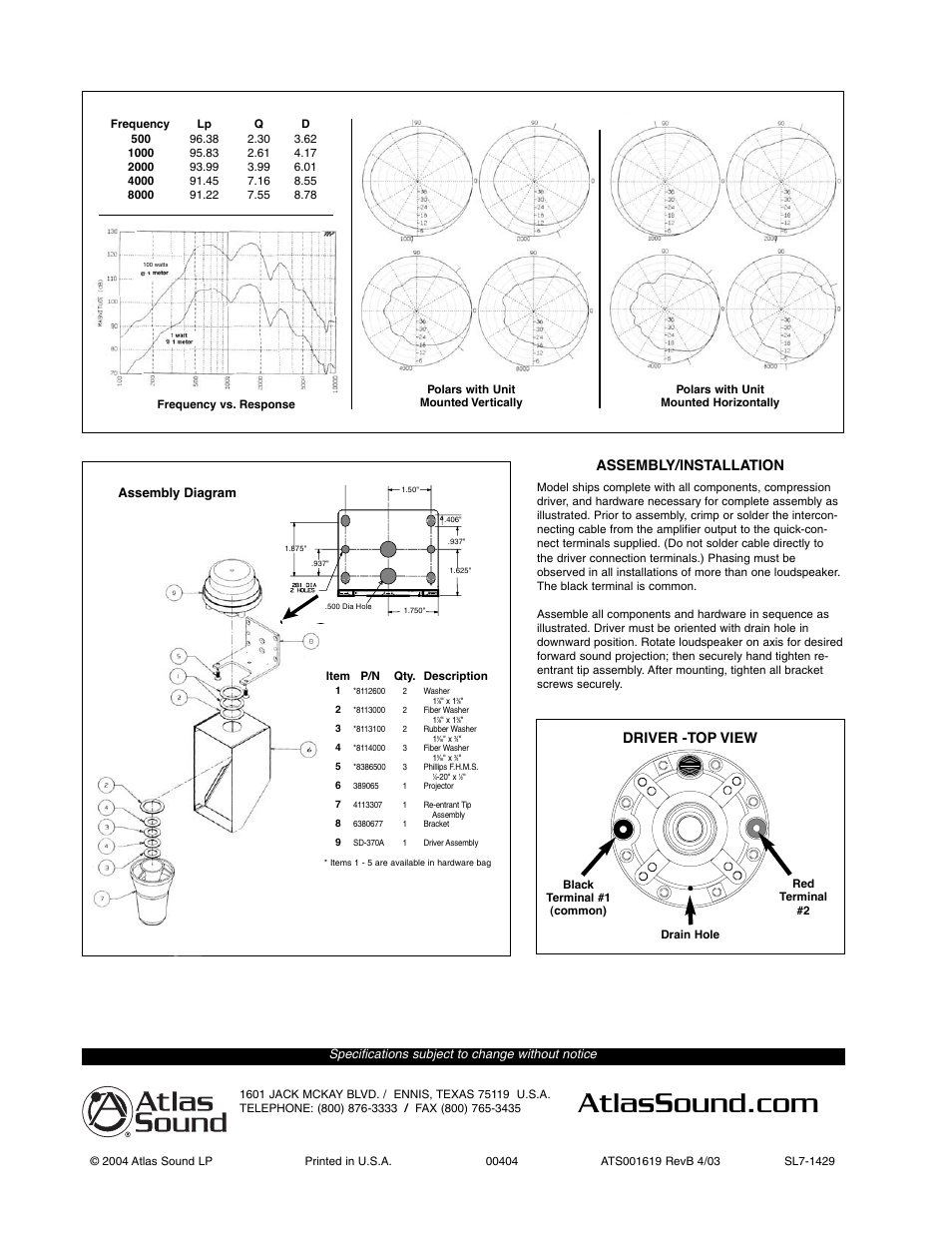 Assembly/installation, Driver -top view, Specifications subject to change without notice | Assembly diagram | Atlas Sound HPH-370GB User Manual | Page 2 / 2