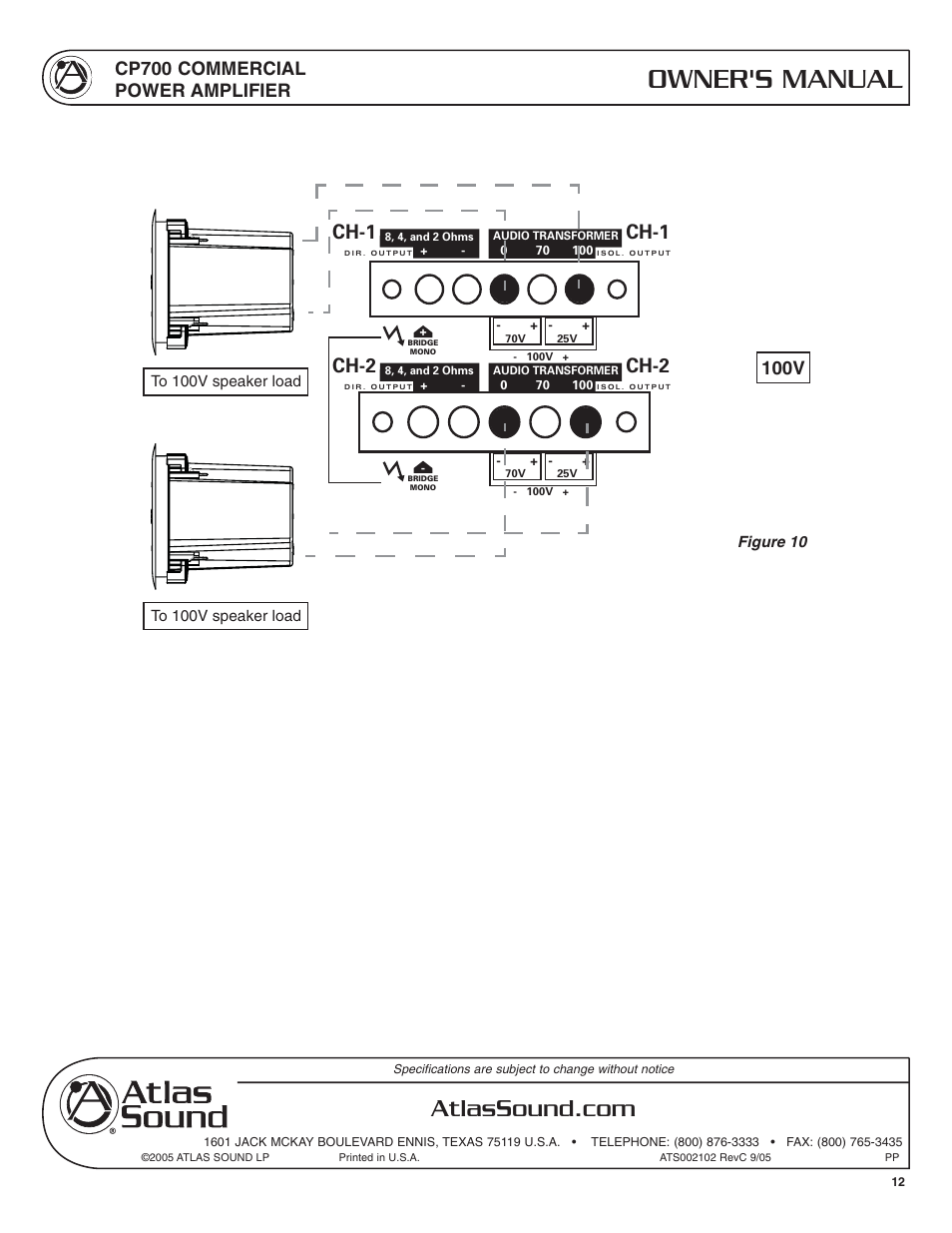 Owner's manual, Ch-1, Ch-2 | Cp700 commercial power amplifier, 100v | Atlas Sound CP700 User Manual | Page 12 / 16