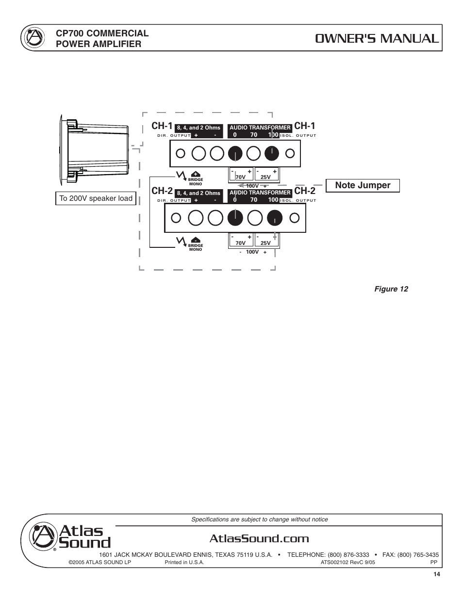 Owner's manual, Ch-1, Ch-2 | Cp700 commercial power amplifier | Atlas Sound CP700 User Manual | Page 14 / 16