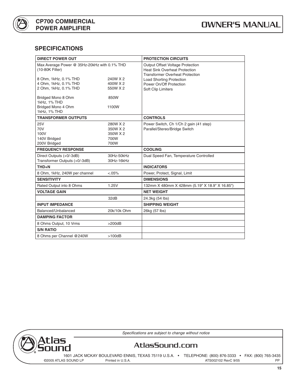 Owner's manual, Cp700 commercial power amplifier, Specifications | Atlas Sound CP700 User Manual | Page 15 / 16