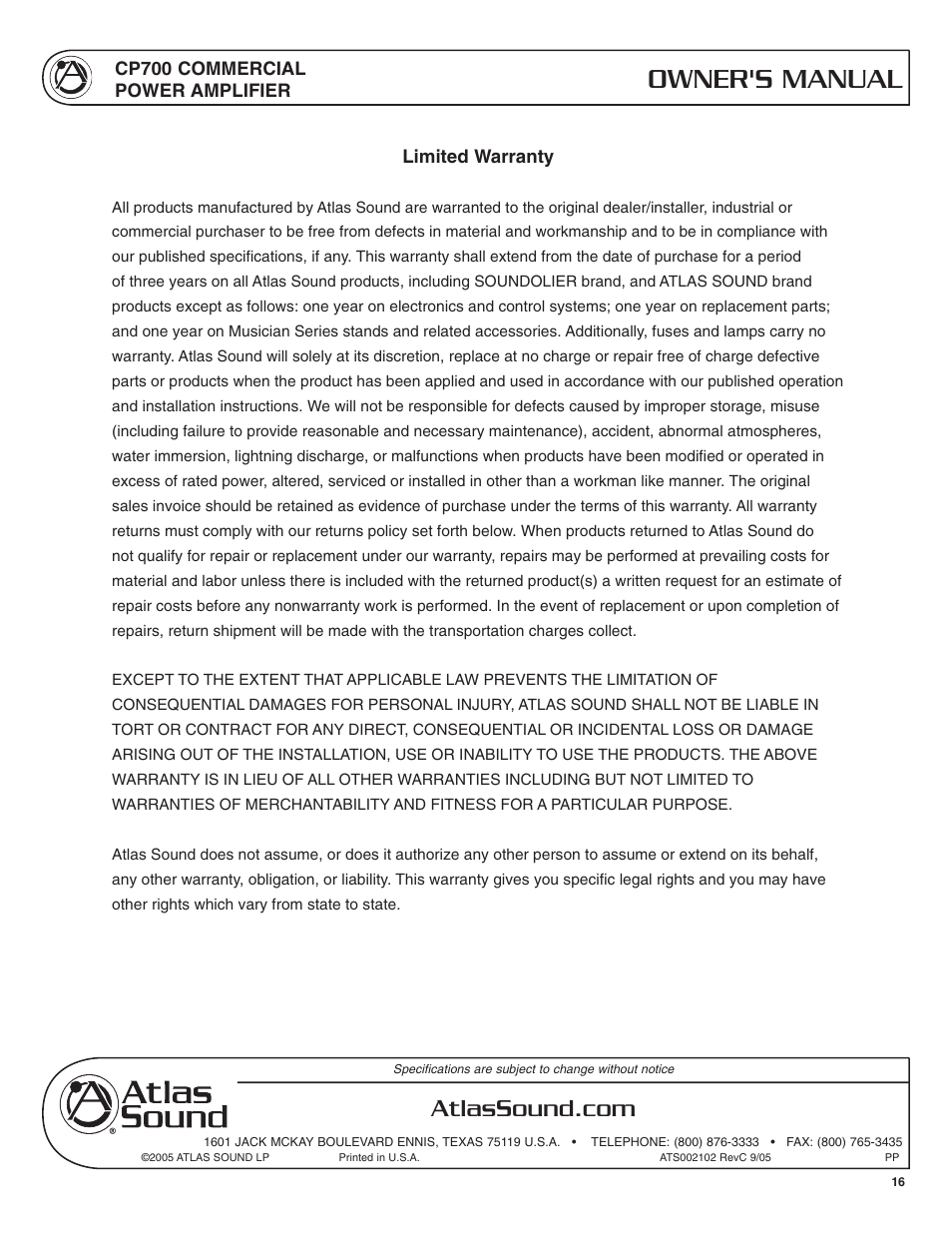 Owner's manual | Atlas Sound CP700 User Manual | Page 16 / 16