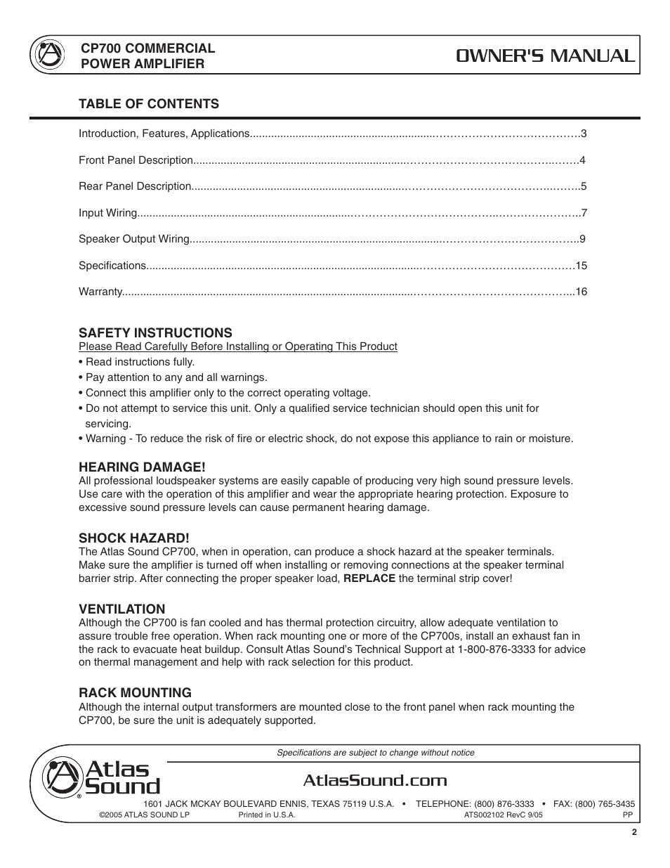 Owner's manual | Atlas Sound CP700 User Manual | Page 2 / 16