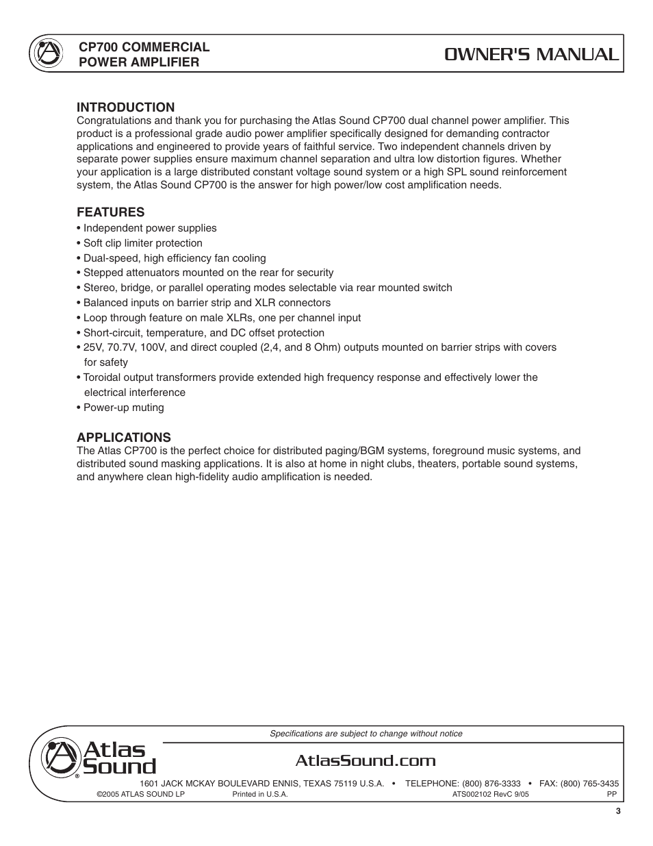 Owner's manual | Atlas Sound CP700 User Manual | Page 3 / 16