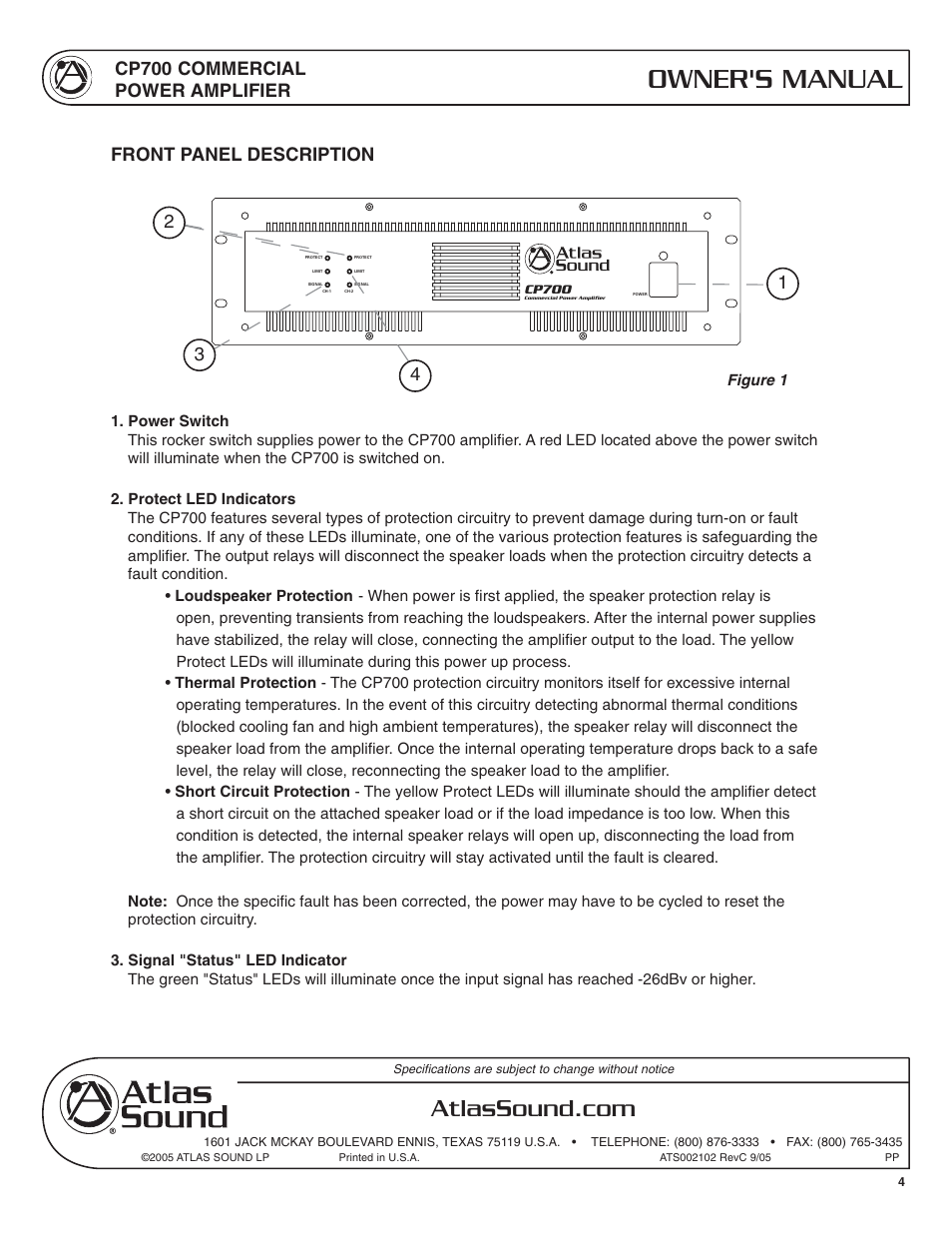 Owner's manual, Cp700 commercial power amplifier, Front panel description | Atlas Sound CP700 User Manual | Page 4 / 16