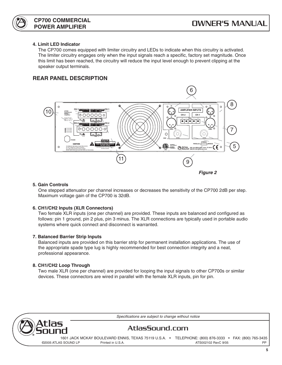 Owner's manual, Cp700 commercial power amplifier, Rear panel description | Atlas Sound CP700 User Manual | Page 5 / 16