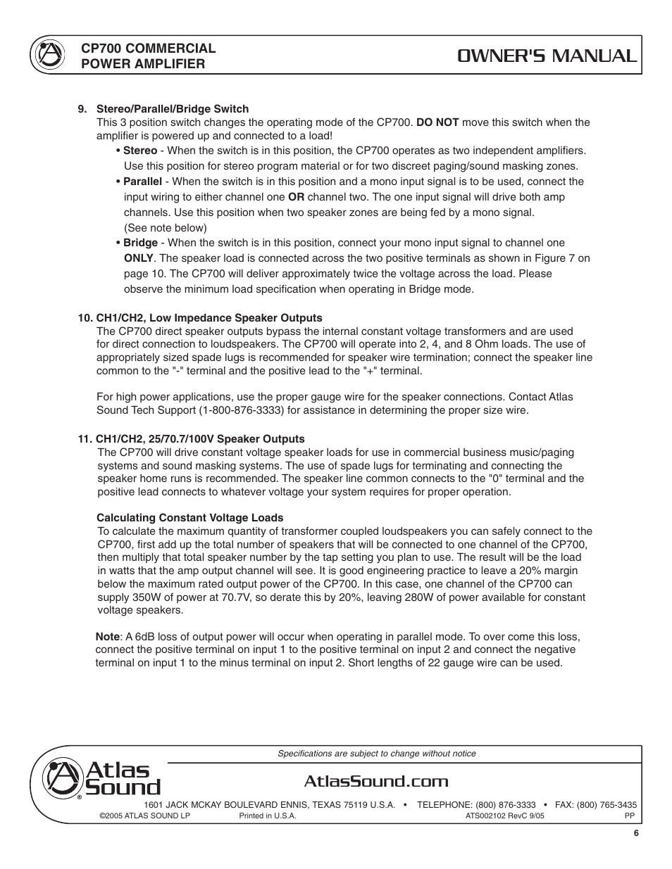 Owner's manual | Atlas Sound CP700 User Manual | Page 6 / 16