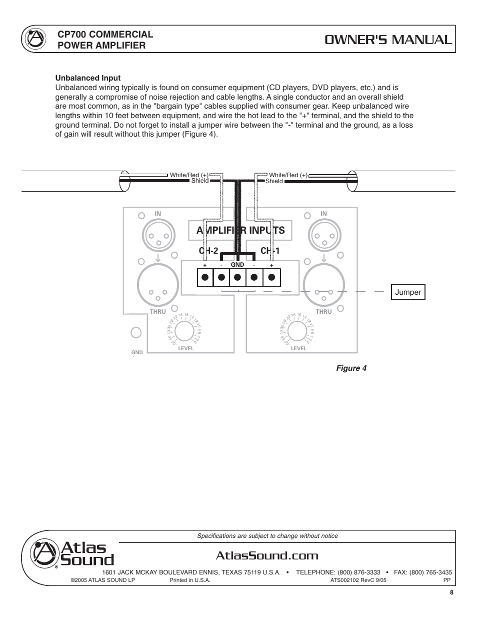 Owner's manual, Amplifier inputs, Cp700 commercial power amplifier | Ch-2, Ch-1 | Atlas Sound CP700 User Manual | Page 8 / 16