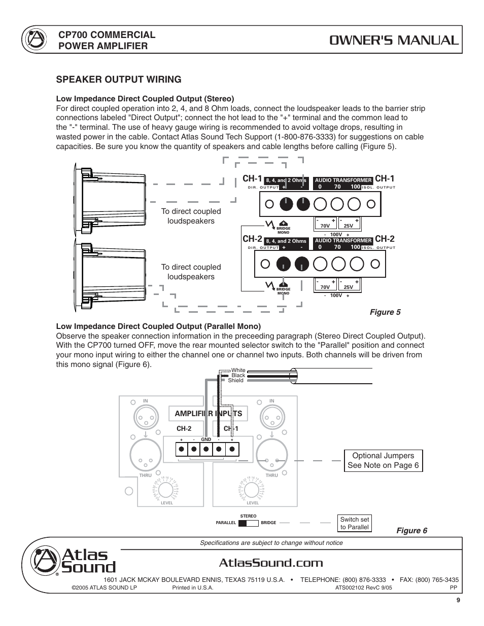 Owner's manual, Cp700 commercial power amplifier, Speaker output wiring | Ch-1, Ch-2, Amplifier inputs | Atlas Sound CP700 User Manual | Page 9 / 16