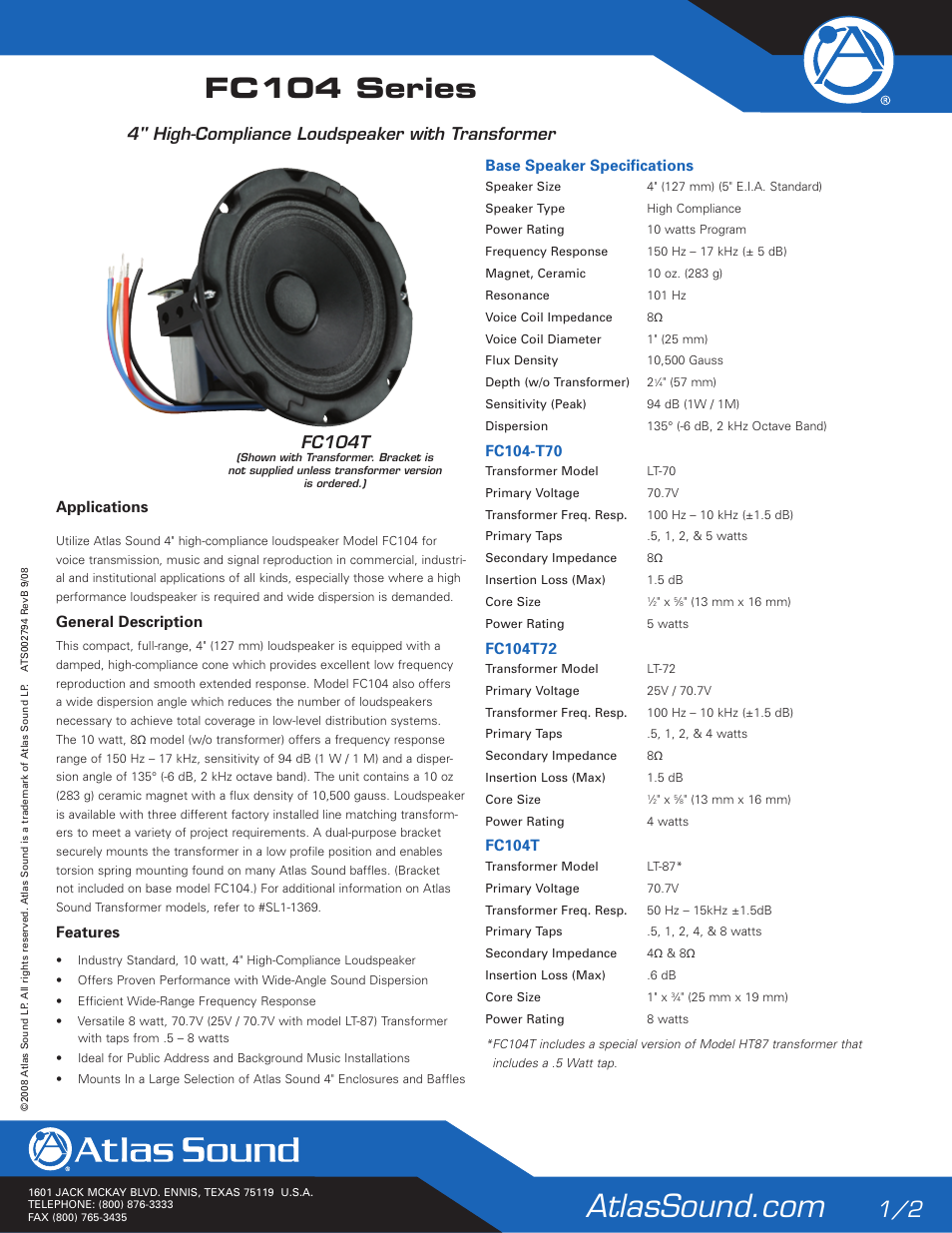 Atlas Sound FC104-T70 User Manual | 2 pages