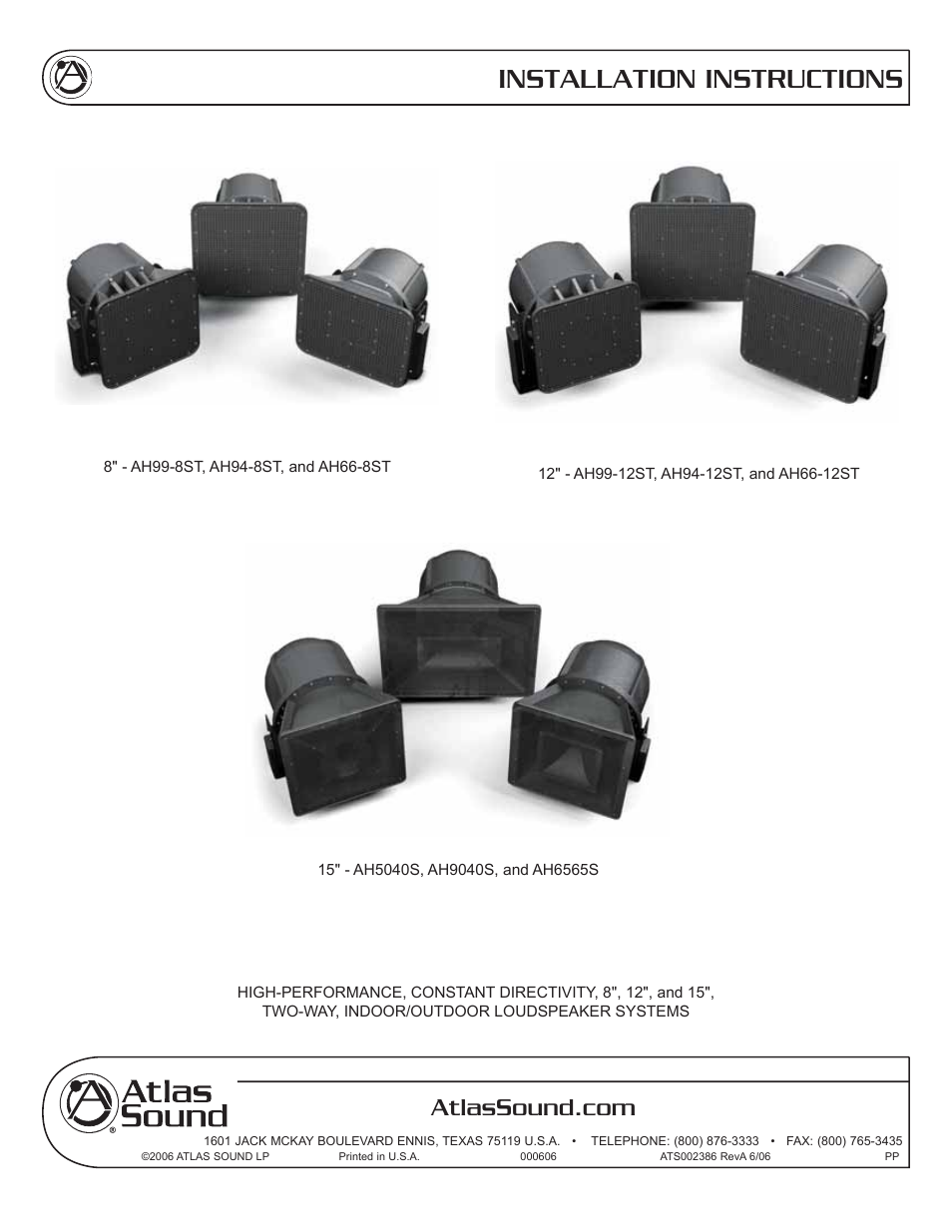 Atlas Sound AH99-12ST User Manual | 12 pages