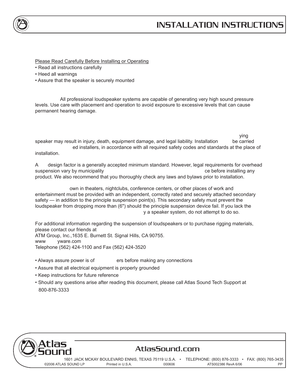 Installation instructions | Atlas Sound AH99-12ST User Manual | Page 3 / 12