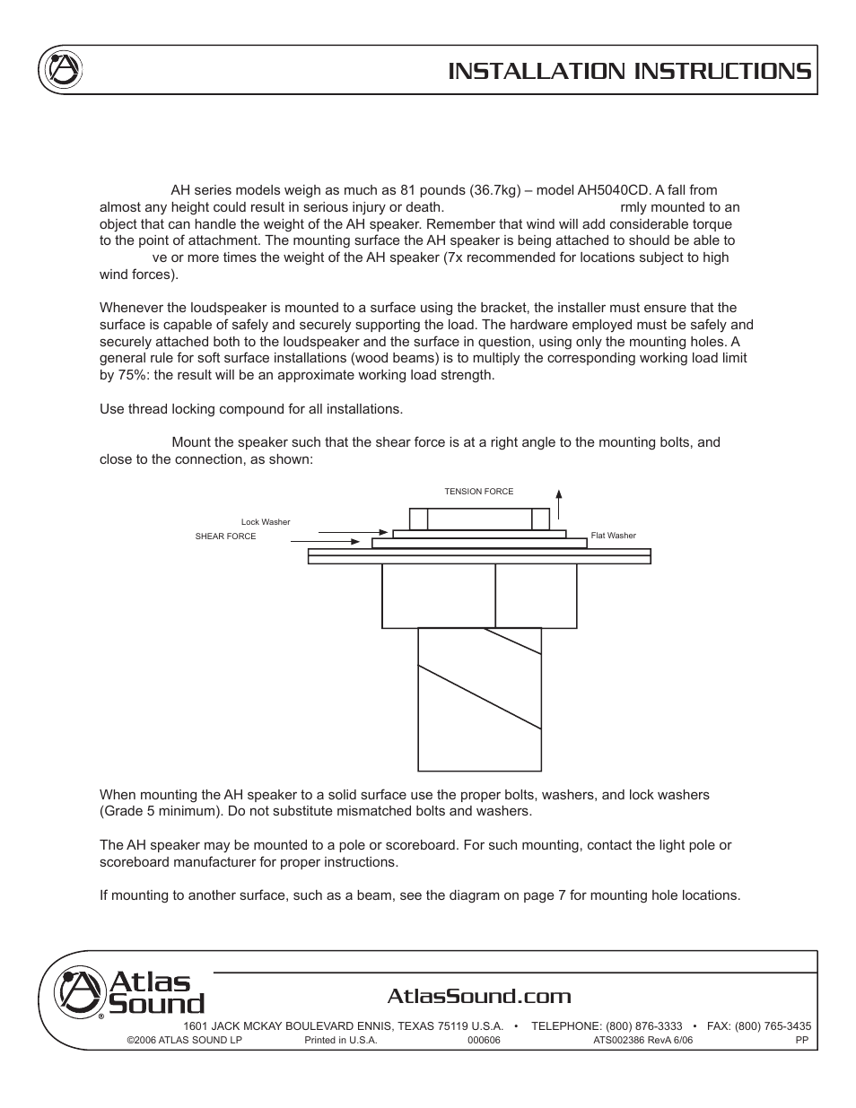 Installation instructions, Installation via mounting bracket (included) | Atlas Sound AH99-12ST User Manual | Page 5 / 12
