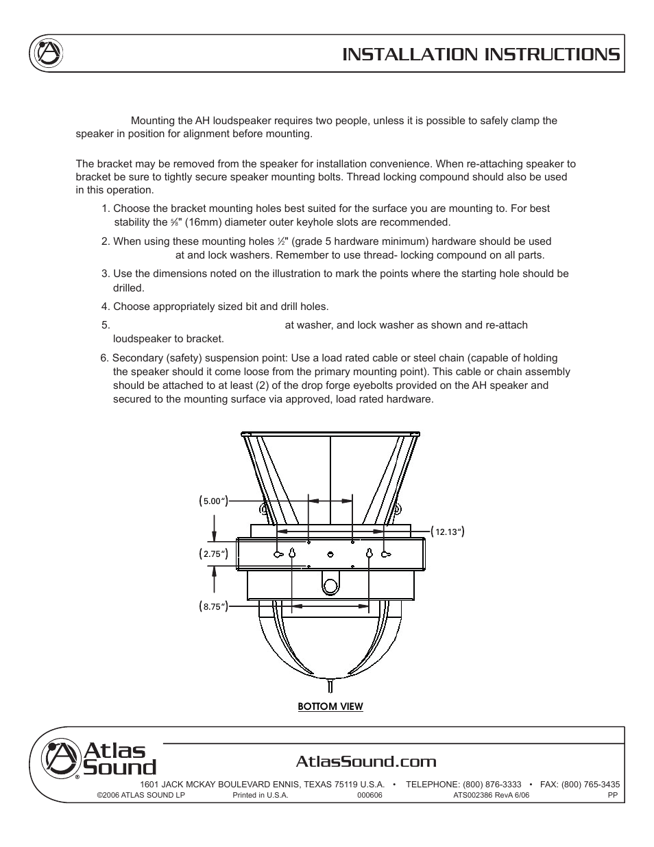 Installation instructions, Mounting | Atlas Sound AH99-12ST User Manual | Page 7 / 12