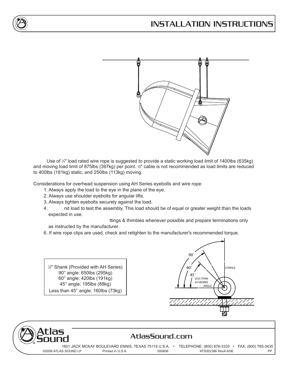 Installation instructions, Suspended installation via eyebolts (included) | Atlas Sound AH99-12ST User Manual | Page 8 / 12